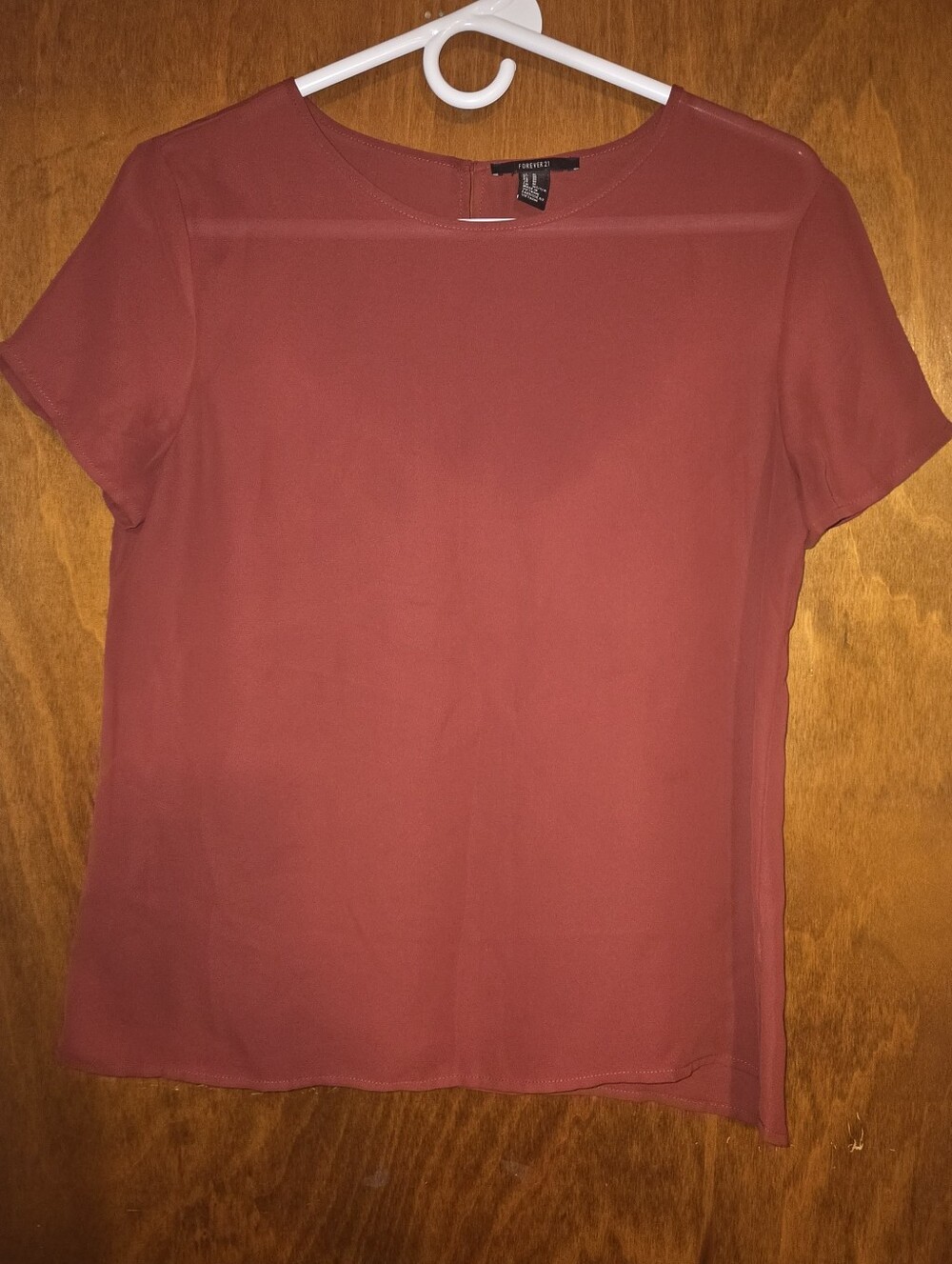 Forever 21 Burgundy Wine Red Mesh Yoke Short Sleeve Blouse Top Size M